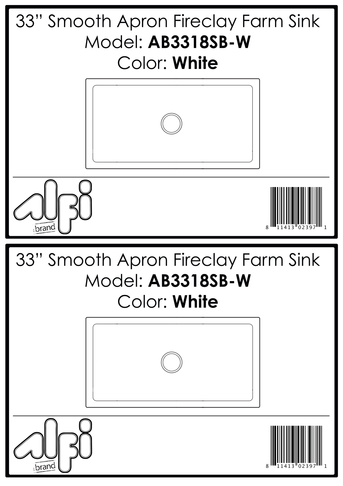 Alfi Brand 33" Smooth Apron Single Bowl Farm Sink - AB3318SB
