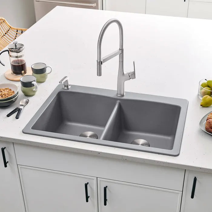 Blanco Diamond Equal Double Bowl Shown in Metallic Gray with Top Mount Installation