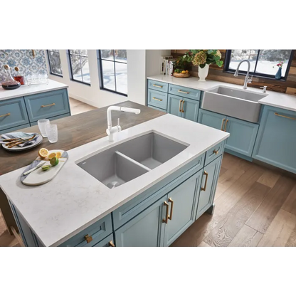 Blanco Performa Equal Double Bowl installed in Light Blue Kitchen