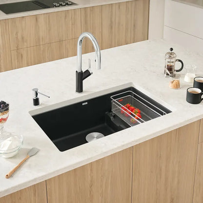 Black Blanco Precis Cascade Silgranit Kitchen Sink in modern kitchen setting