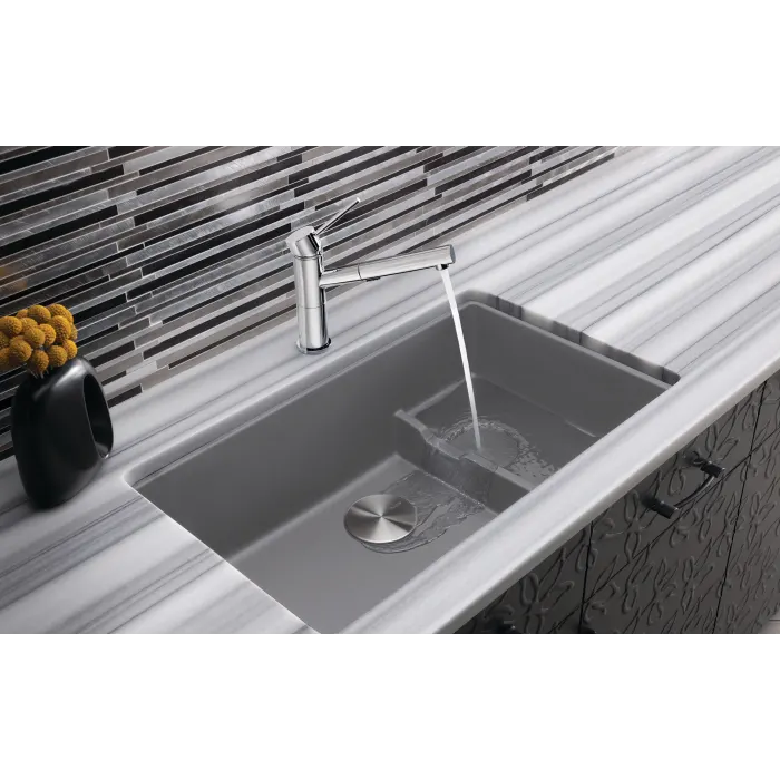 Lifestyle image of Gray Blanco Precis Cascade Sink installed in kitchen