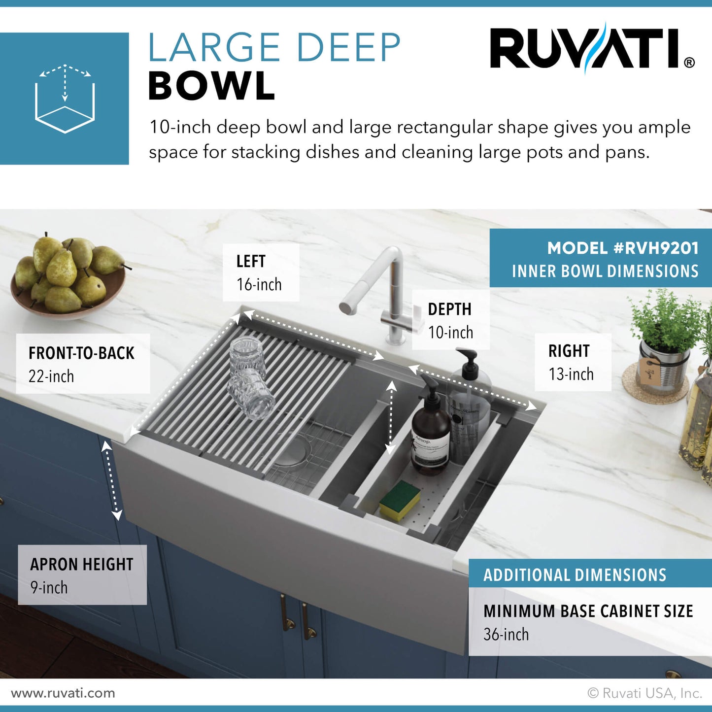 Ruvati 33" Apron-front Workstation Low-Divide Double Bowl 60/40 Farmhouse Kitchen Sink 16 Gauge Stainless Steel - RVH9201