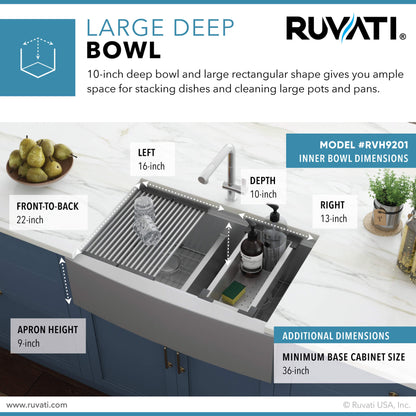 Ruvati 33" Apron-front Workstation Low-Divide Double Bowl 60/40 Farmhouse Kitchen Sink 16 Gauge Stainless Steel - RVH9201