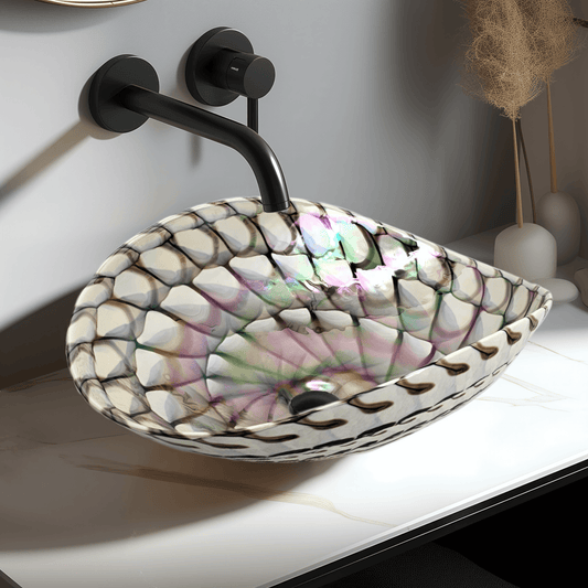 Ruvati 19 inch Murano Glass Art Vessel Seashell Decorative Pattern Bathroom Sink - Nautilus Brown - RVB3022