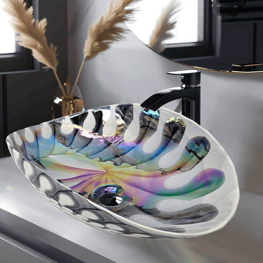 Ruvati 19 inch Murano Glass Art Vessel Seashell Decorative Pattern Bathroom Sink - Spira Luxe Pearl White - RVB3031
