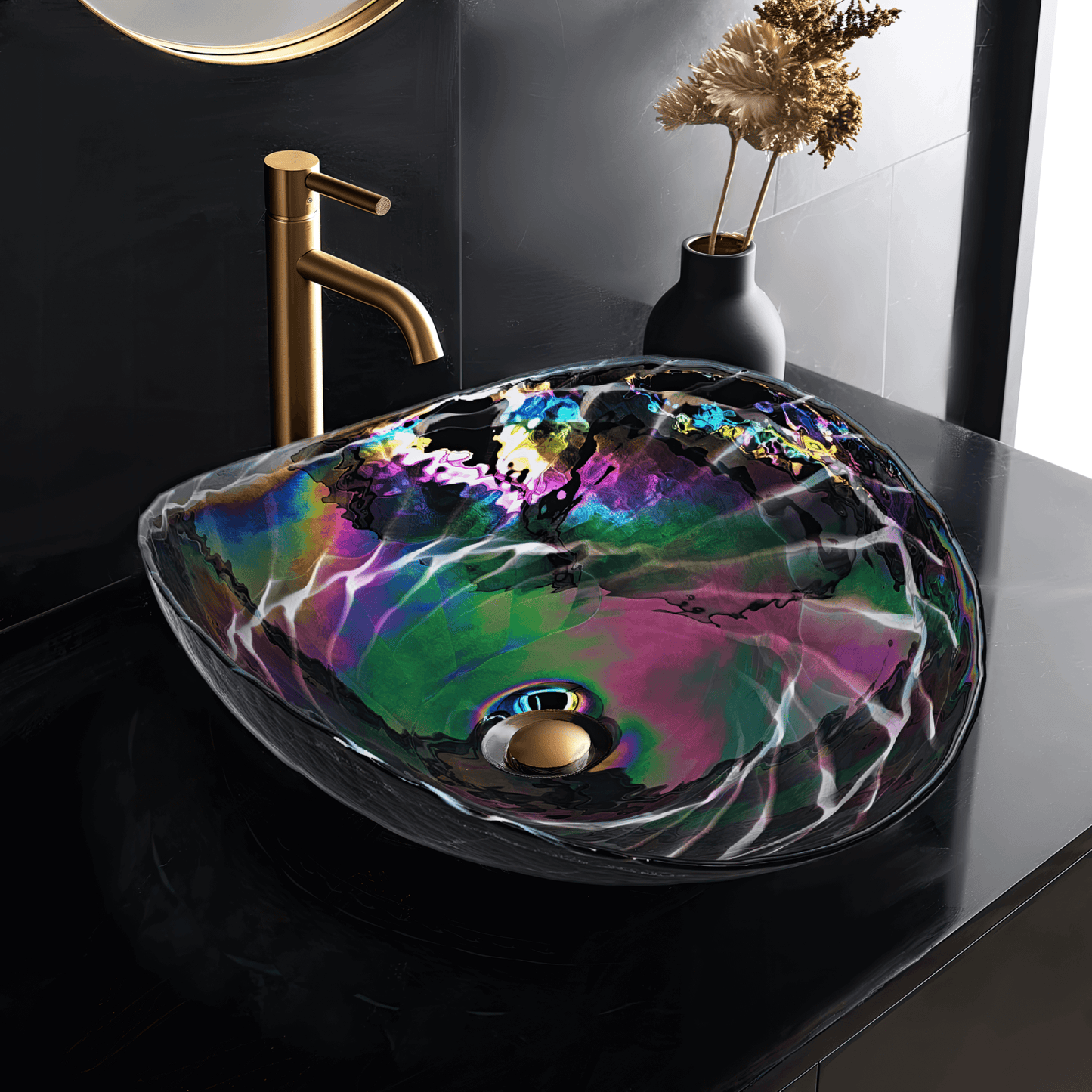 Ruvati 19 inch Murano Glass Art Vessel Seashell Decorative Pattern Bathroom Sink - Cosmic Black - RVB3048