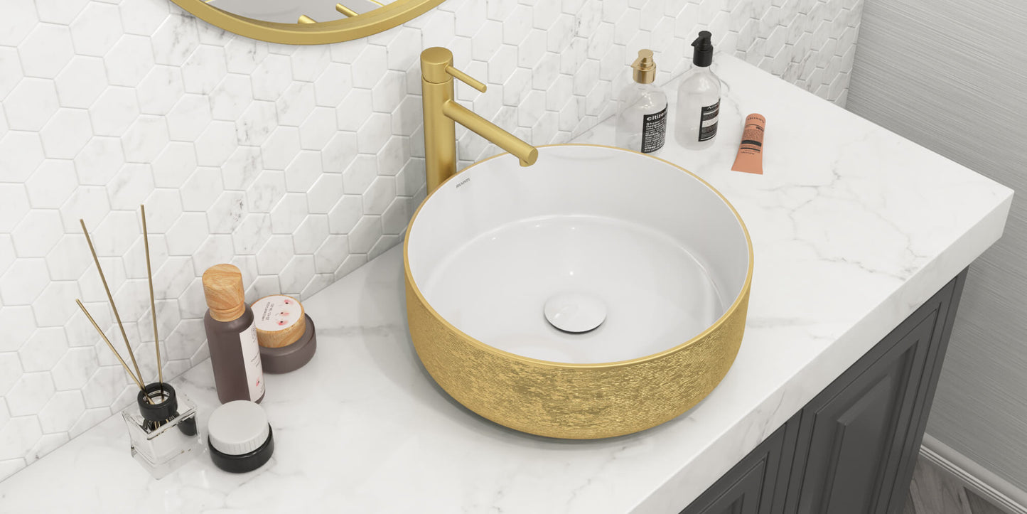 Ruvati 14 inch Bathroom Vessel Sink Round Gold Decorative Art Above Vanity Counter White Ceramic - RVB0314WG