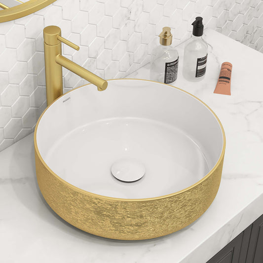 Ruvati 14 inch Bathroom Vessel Sink Round Gold Decorative Art Above Vanity Counter White Ceramic - RVB0314WG
