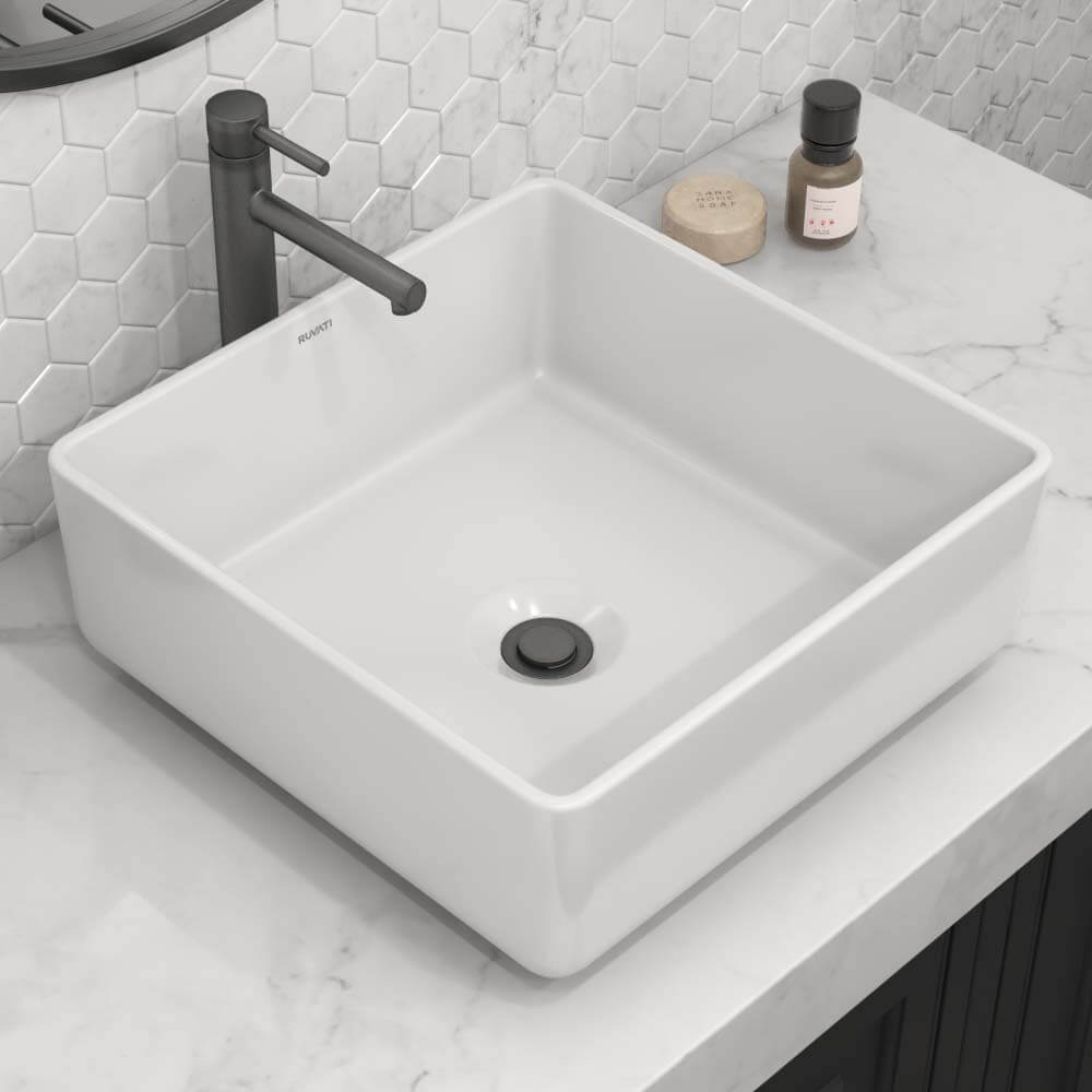 Ruvati 15 x 15 inch Bathroom Vessel Sink White Square Above Counter Porcelain Ceramic - RVB1616