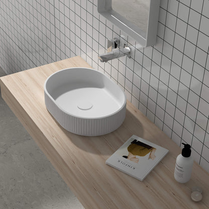 Ruvati 19 x 14 inch Fluted Vessel Bathroom Sink epiStone Solid Surface Modern Oval Matte White - RVB2819WH