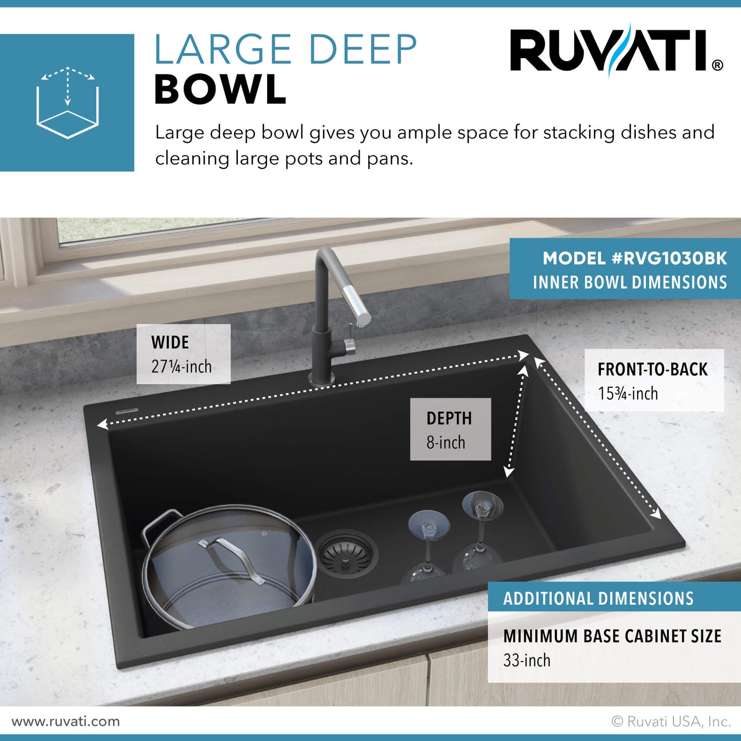 Ruvati 30 x 20 inch epiGranite Drop-in Topmount Granite Composite Single Bowl Kitchen Sink -RVG1030