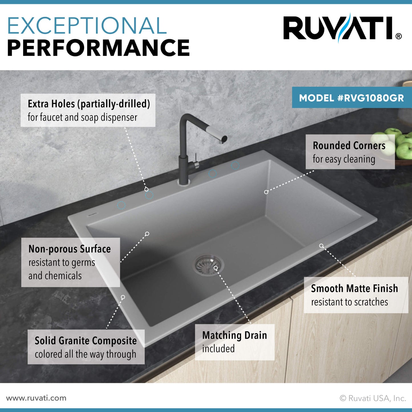 Ruvati 30 x 20 inch epiGranite Drop-in Topmount Granite Composite Single Bowl Kitchen Sink -RVG1030