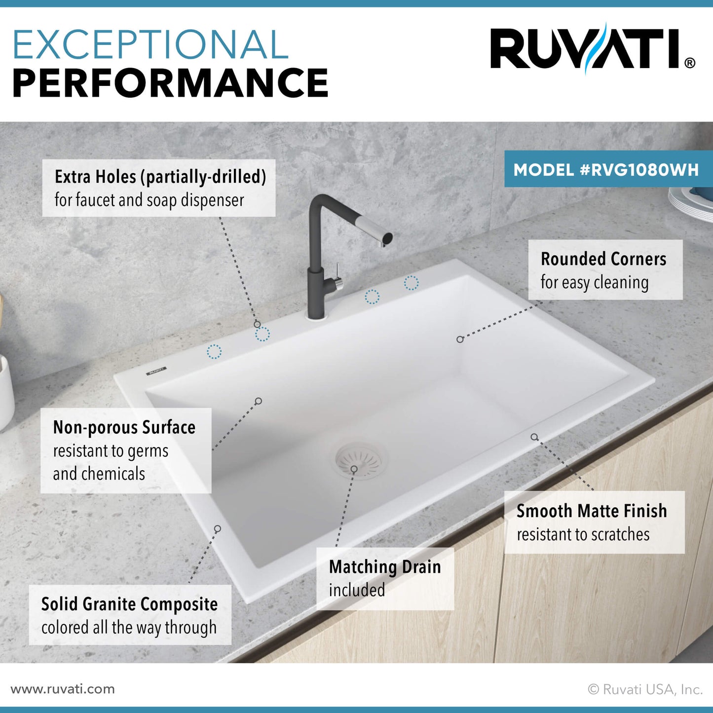 Ruvati 30 x 20 inch epiGranite Drop-in Topmount Granite Composite Single Bowl Kitchen Sink -RVG1030