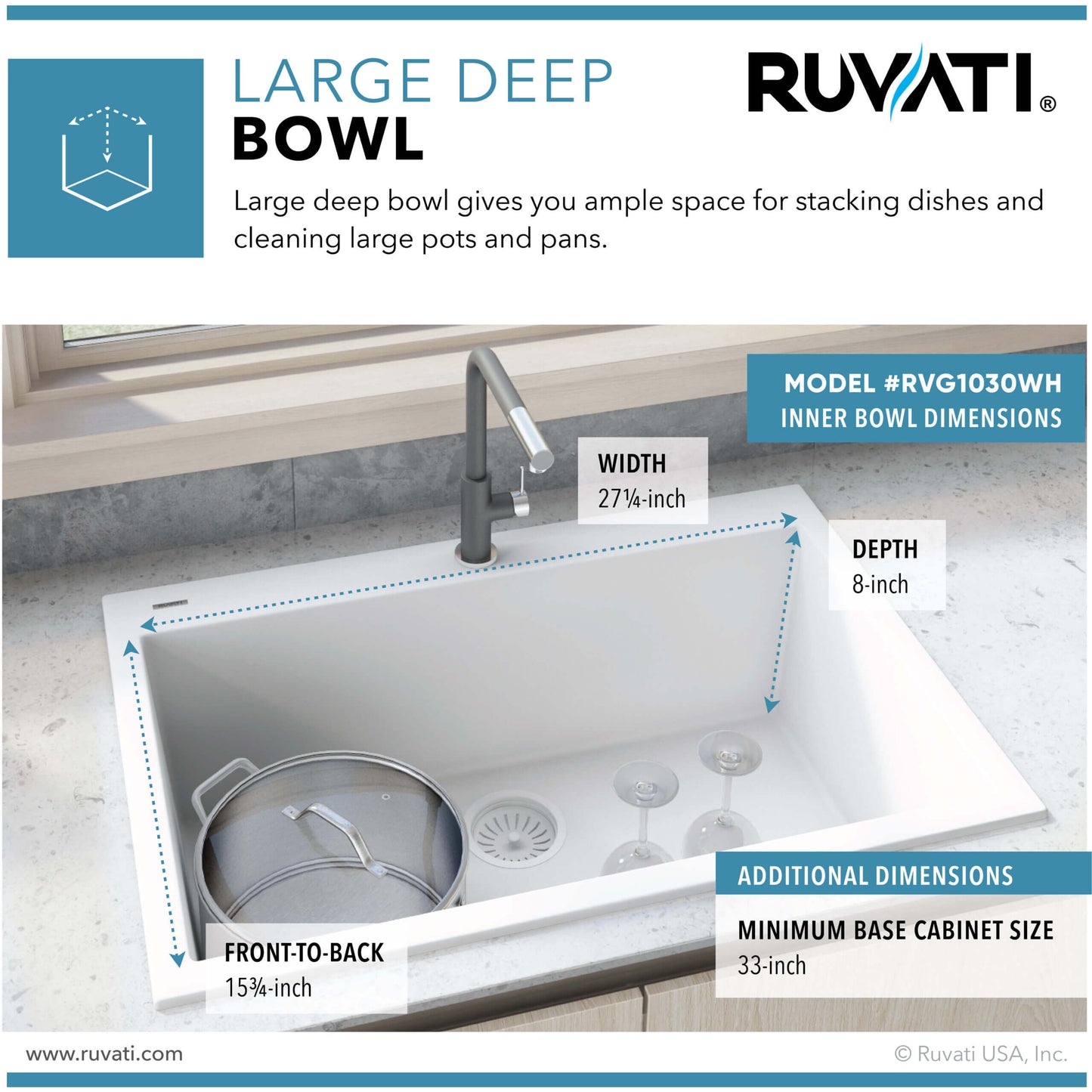 Ruvati 30 x 20 inch epiGranite Drop-in Topmount Granite Composite Single Bowl Kitchen Sink -RVG1030