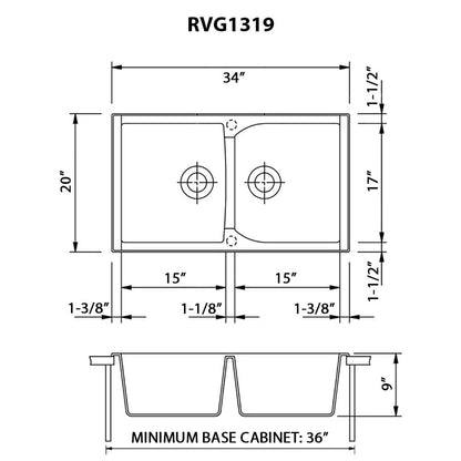 Ruvati 34 x 20 inch epiGranite Dual-Mount Granite Composite Double Bowl Kitchen Sink - RVG1319