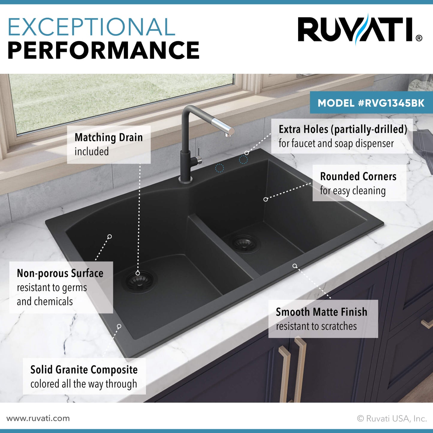 Ruvati 33 x 22 inch epiGranite Drop-in Topmount Granite Composite Double Bowl Kitchen Sink - RVG1345