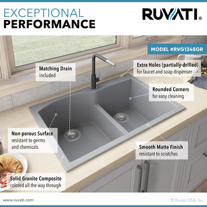 Ruvati 33 x 22 inch epiGranite Drop-in Topmount Granite Composite Double Bowl Kitchen Sink - RVG1345