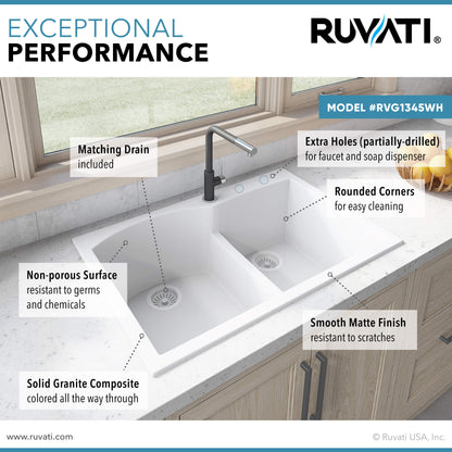 Ruvati 33 x 22 inch epiGranite Drop-in Topmount Granite Composite Double Bowl Kitchen Sink - RVG1345