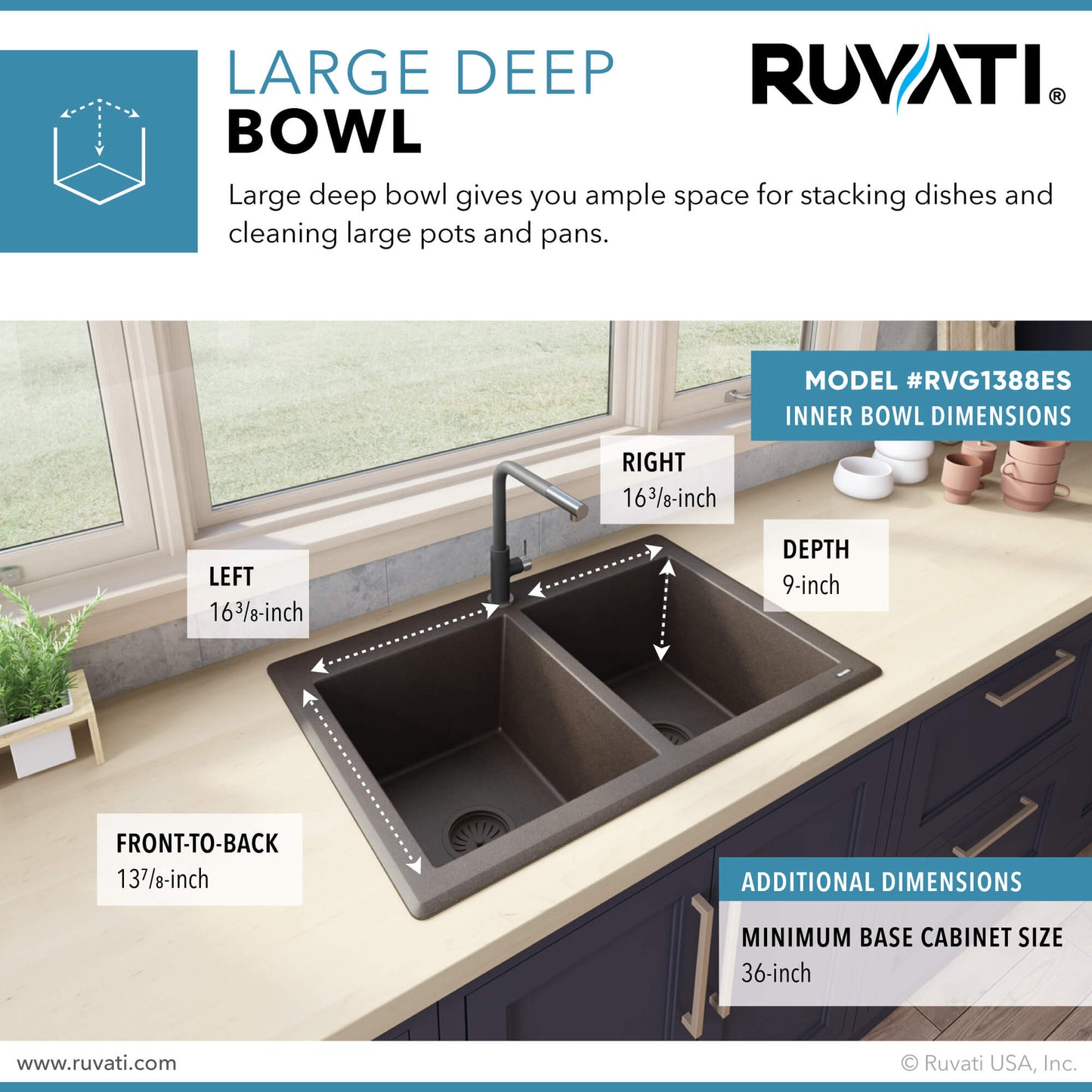 Ruvati 33 x 22 inch epiGranite Dual-Mount Granite Composite Double Bowl Kitchen Sink - RVG1388