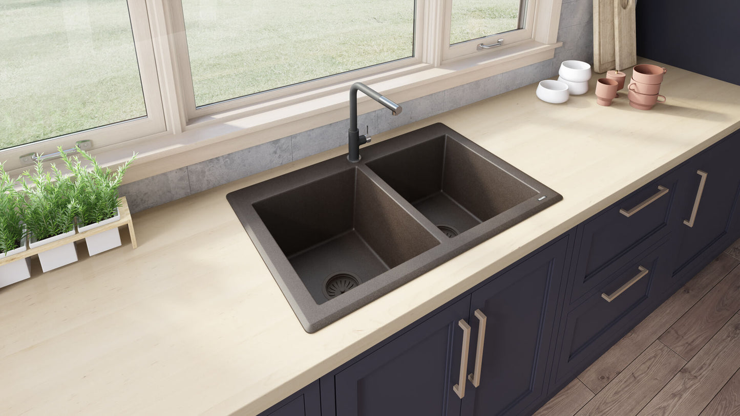 Ruvati 33 x 22 inch epiGranite Dual-Mount Granite Composite Double Bowl Kitchen Sink - RVG1388