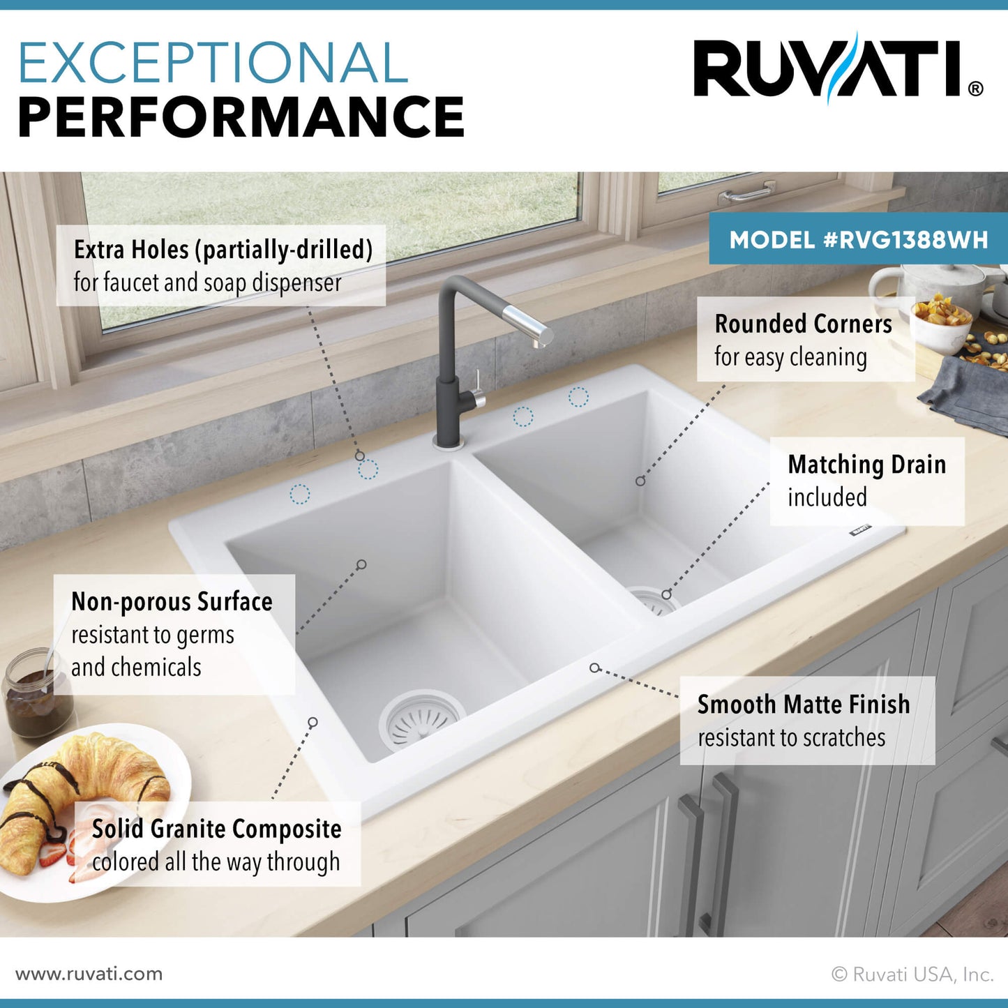 Ruvati 33 x 22 inch epiGranite Dual-Mount Granite Composite Double Bowl Kitchen Sink - RVG1388