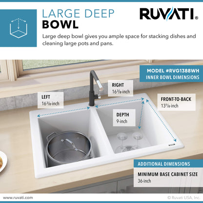 Ruvati 33 x 22 inch epiGranite Dual-Mount Granite Composite Double Bowl Kitchen Sink - RVG1388