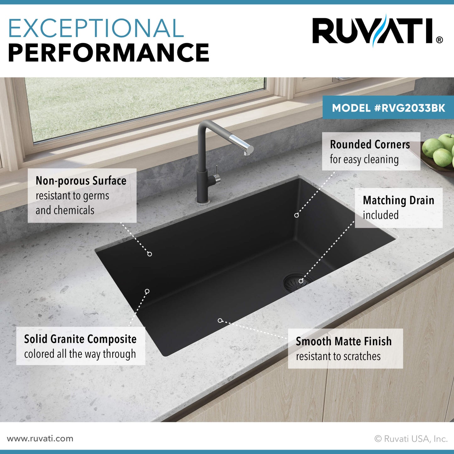 Ruvati 32 x 19 inch epiGranite Undermount Granite Composite Single Bowl Kitchen Sink - RVG2033