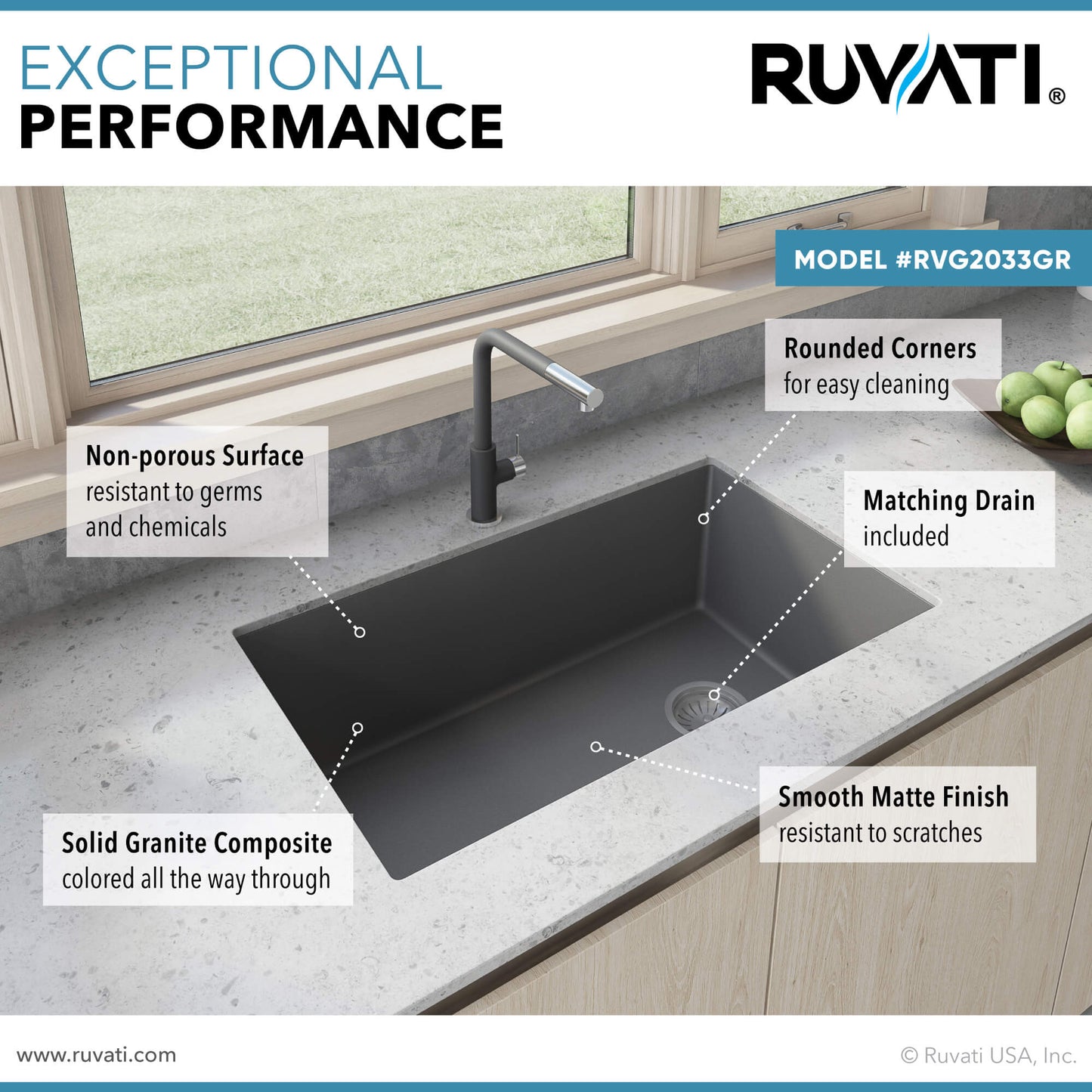 Ruvati 32 x 19 inch epiGranite Undermount Granite Composite Single Bowl Kitchen Sink - RVG2033