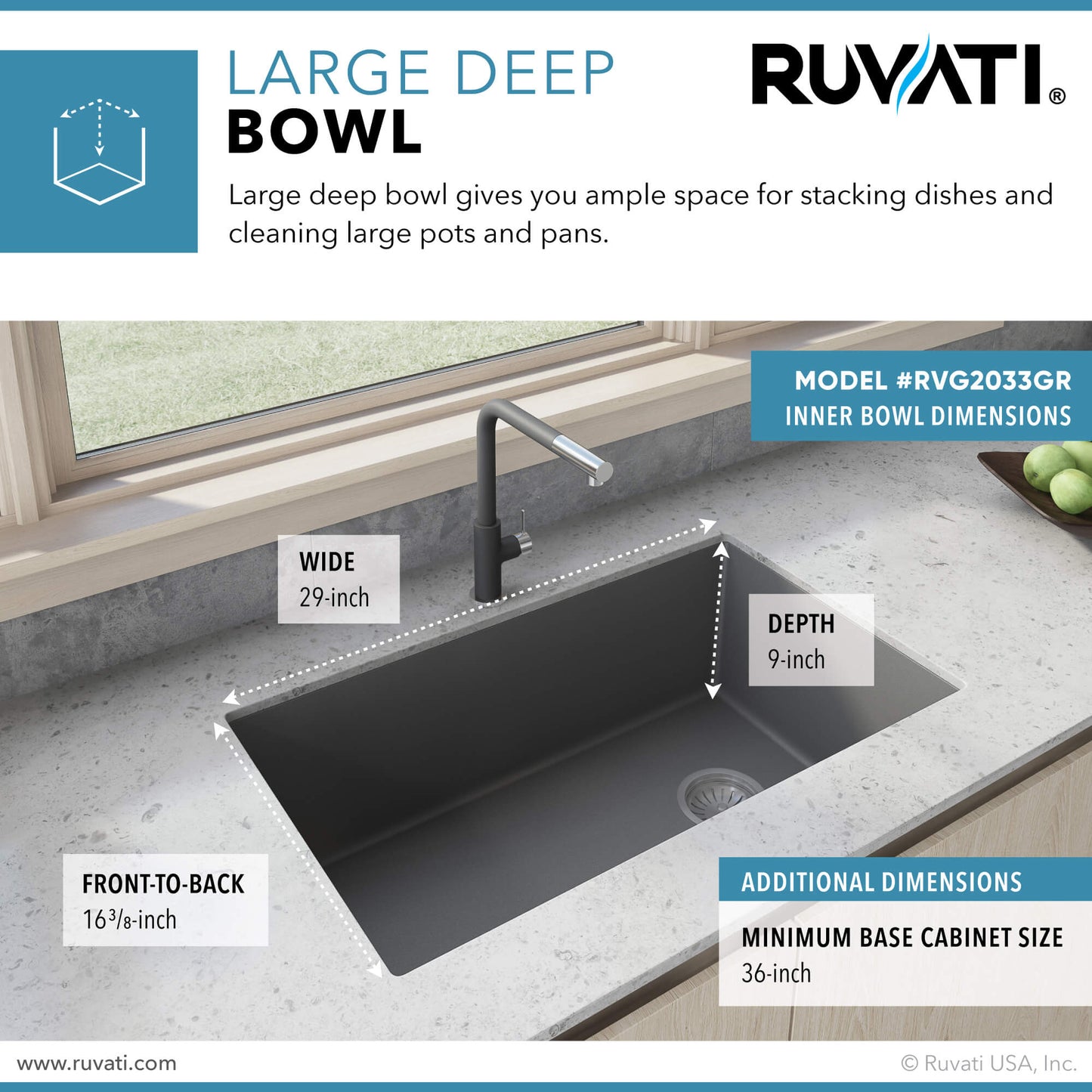 Ruvati 32 x 19 inch epiGranite Undermount Granite Composite Single Bowl Kitchen Sink - RVG2033