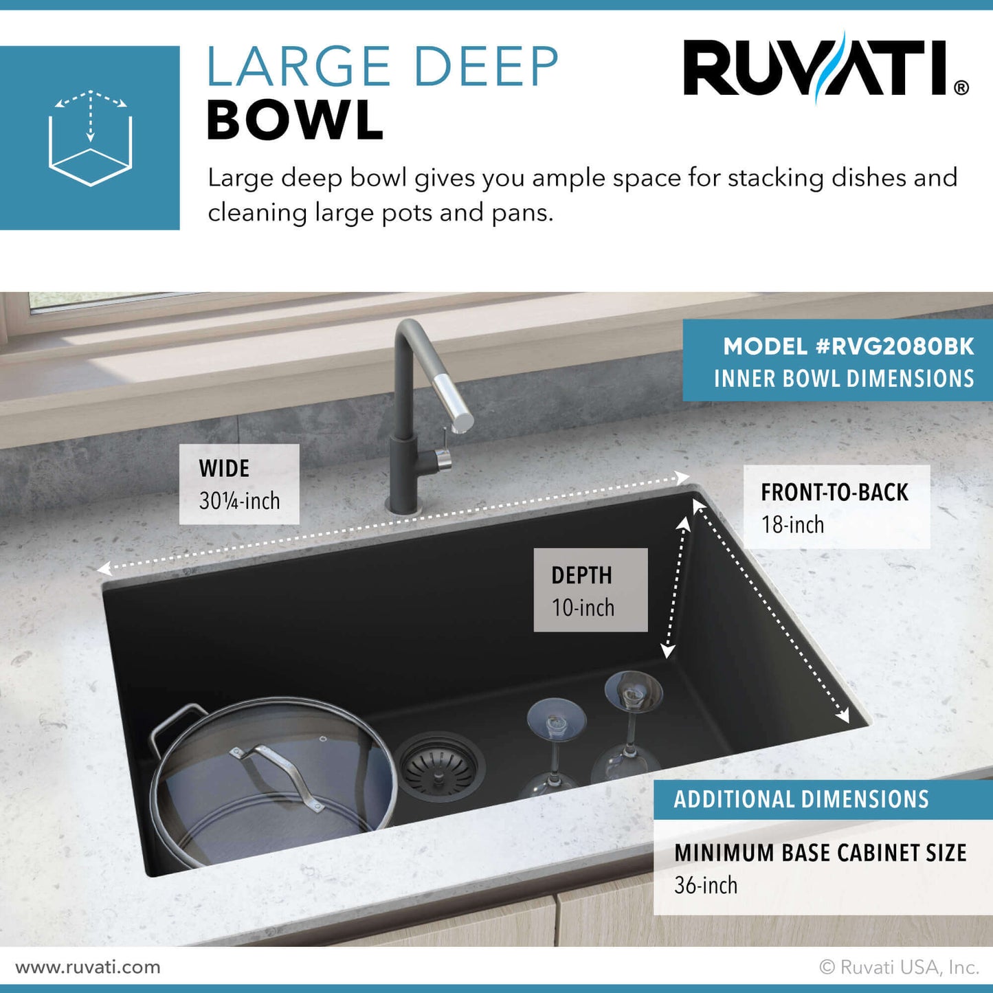 Ruvati 33 x 19 inch Granite Composite Undermount Single Bowl Kitchen Sink - RVG2080