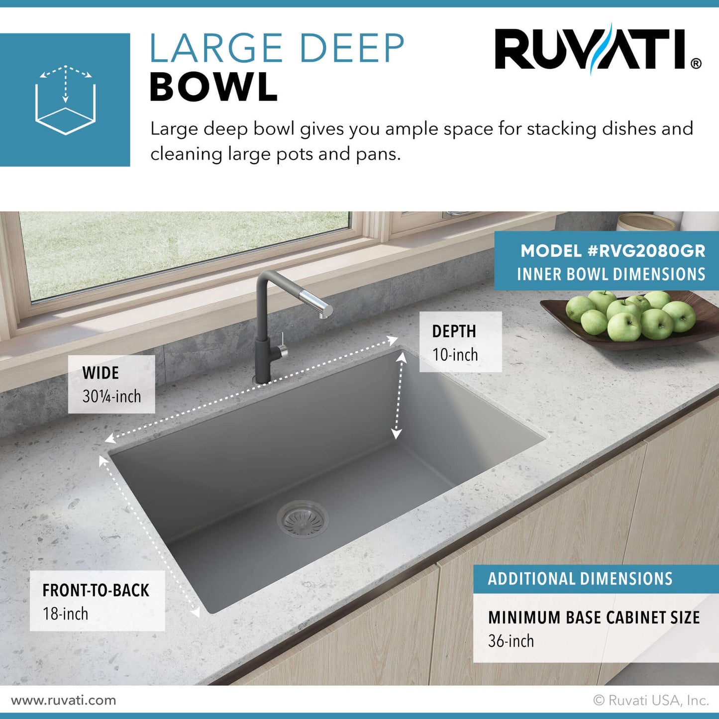 Ruvati 33 x 19 inch Granite Composite Undermount Single Bowl Kitchen Sink - RVG2080