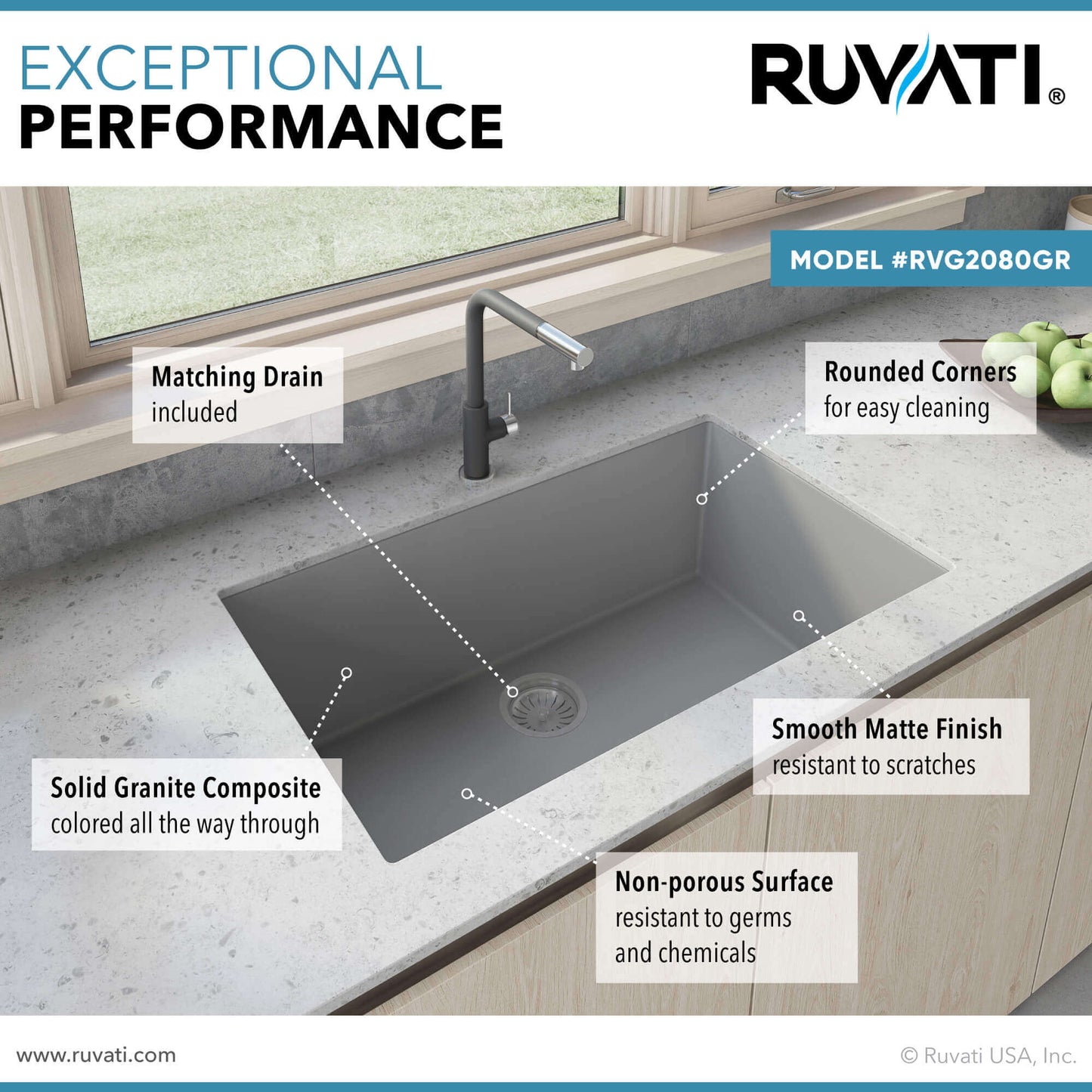 Ruvati 33 x 19 inch Granite Composite Undermount Single Bowl Kitchen Sink - RVG2080