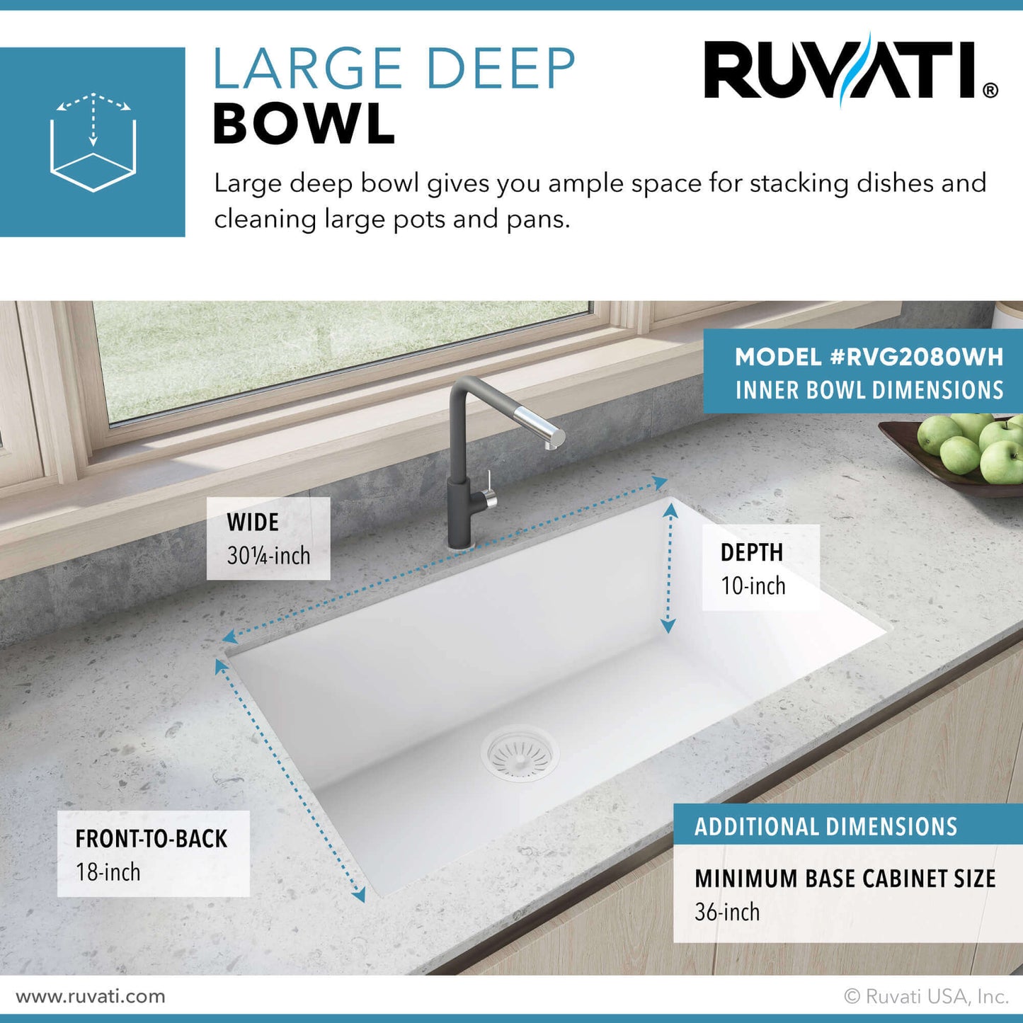 Ruvati 33 x 19 inch Granite Composite Undermount Single Bowl Kitchen Sink - RVG2080