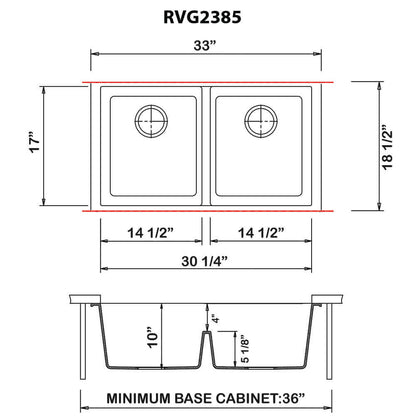 Ruvati 33 x 19 inch Granite Composite Undermount Double Bowl Low Divide Kitchen Sink - RVG2385