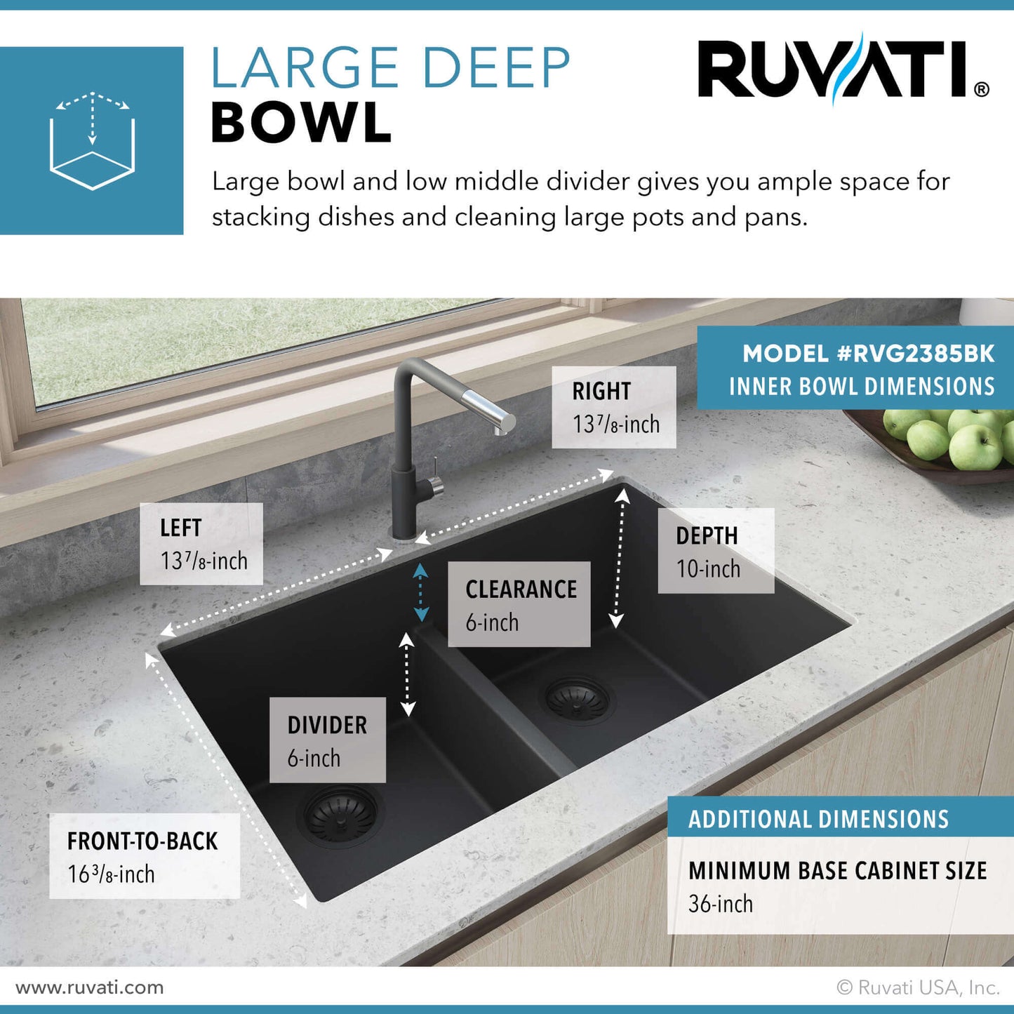 Ruvati 33 x 19 inch Granite Composite Undermount Double Bowl Low Divide Kitchen Sink - RVG2385