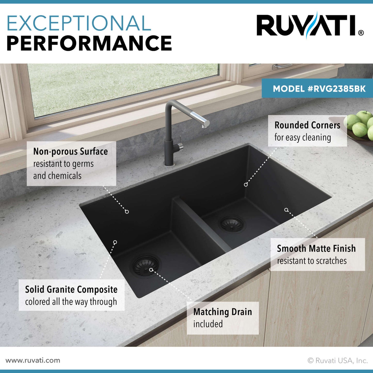 Ruvati 33 x 19 inch Granite Composite Undermount Double Bowl Low Divide Kitchen Sink - RVG2385