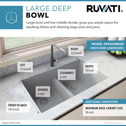 Ruvati 33 x 19 inch Granite Composite Undermount Double Bowl Low Divide Kitchen Sink - RVG2385