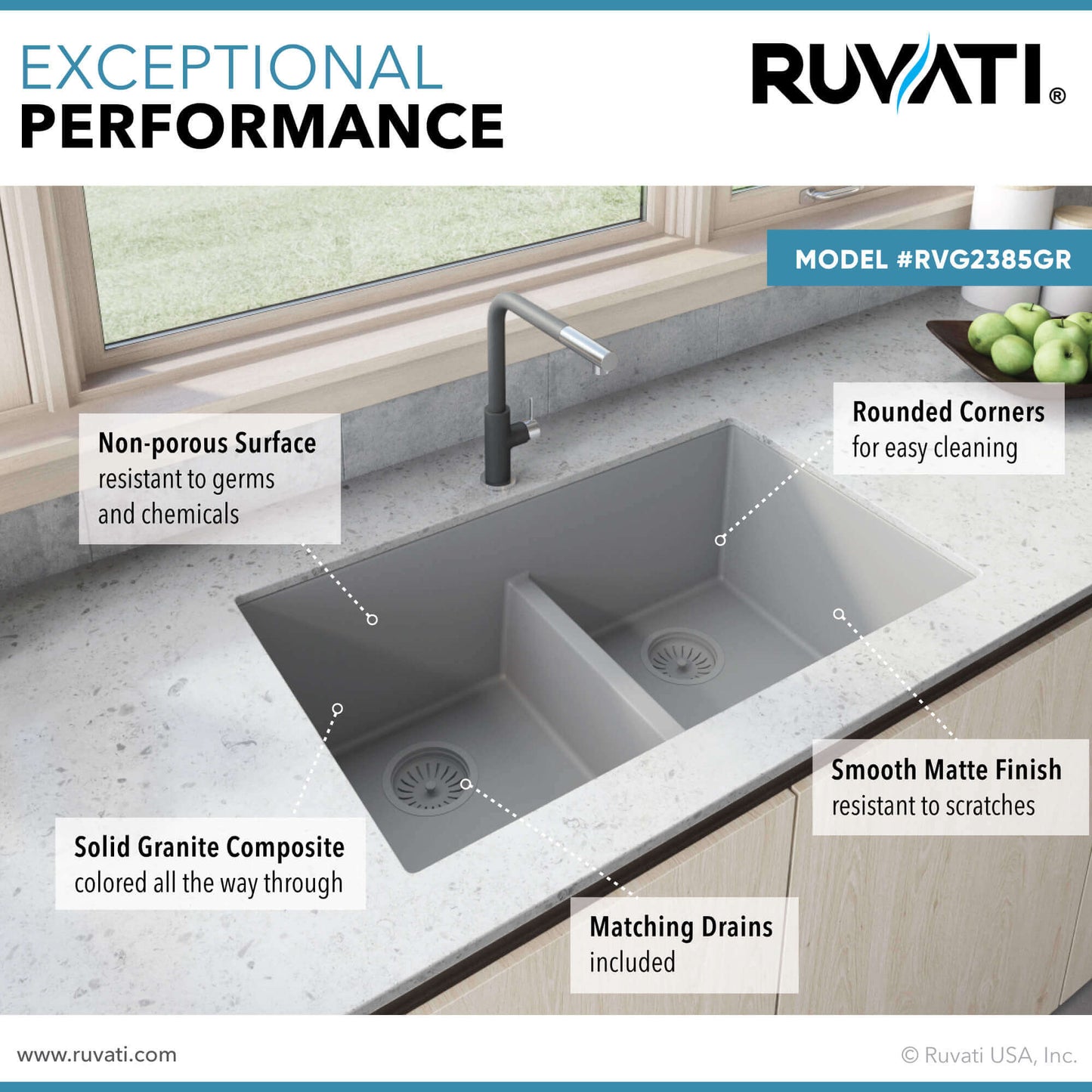 Ruvati 33 x 19 inch Granite Composite Undermount Double Bowl Low Divide Kitchen Sink - RVG2385