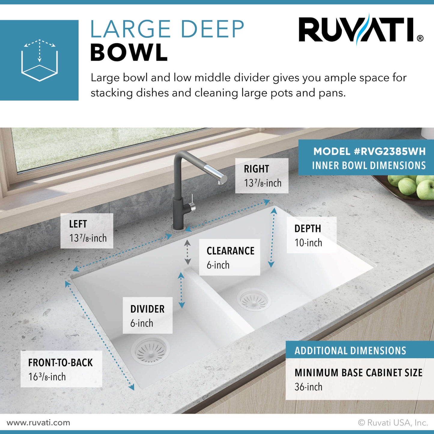 Ruvati 33 x 19 inch Granite Composite Undermount Double Bowl Low Divide Kitchen Sink - RVG2385