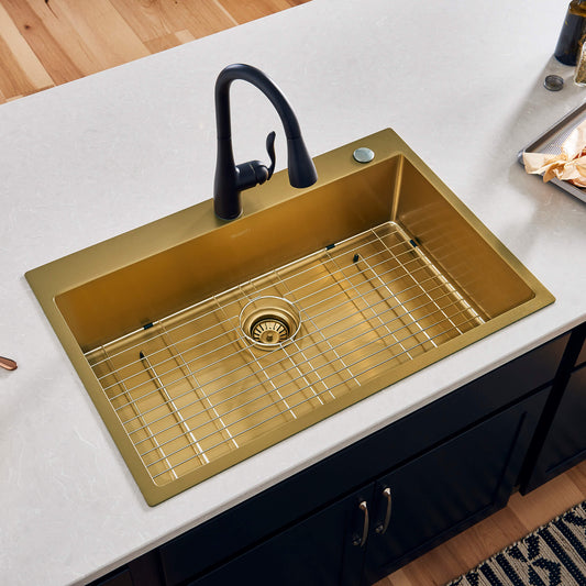 Ruvati 33 x 22 inch Satin Brass Stainless Steel Drop-in Topmount Kitchen Sink Single Bowl - RVH5005