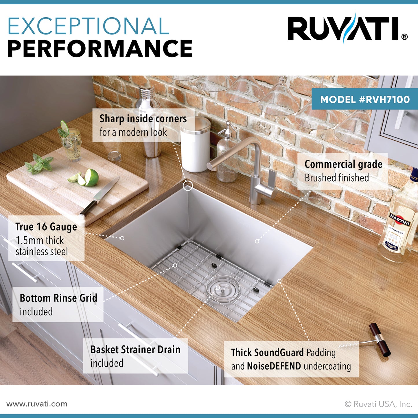 Ruvati 23-inch Undermount 16 Gauge Zero Radius Kitchen Sink Stainless Steel Single Bowl - RVH7100