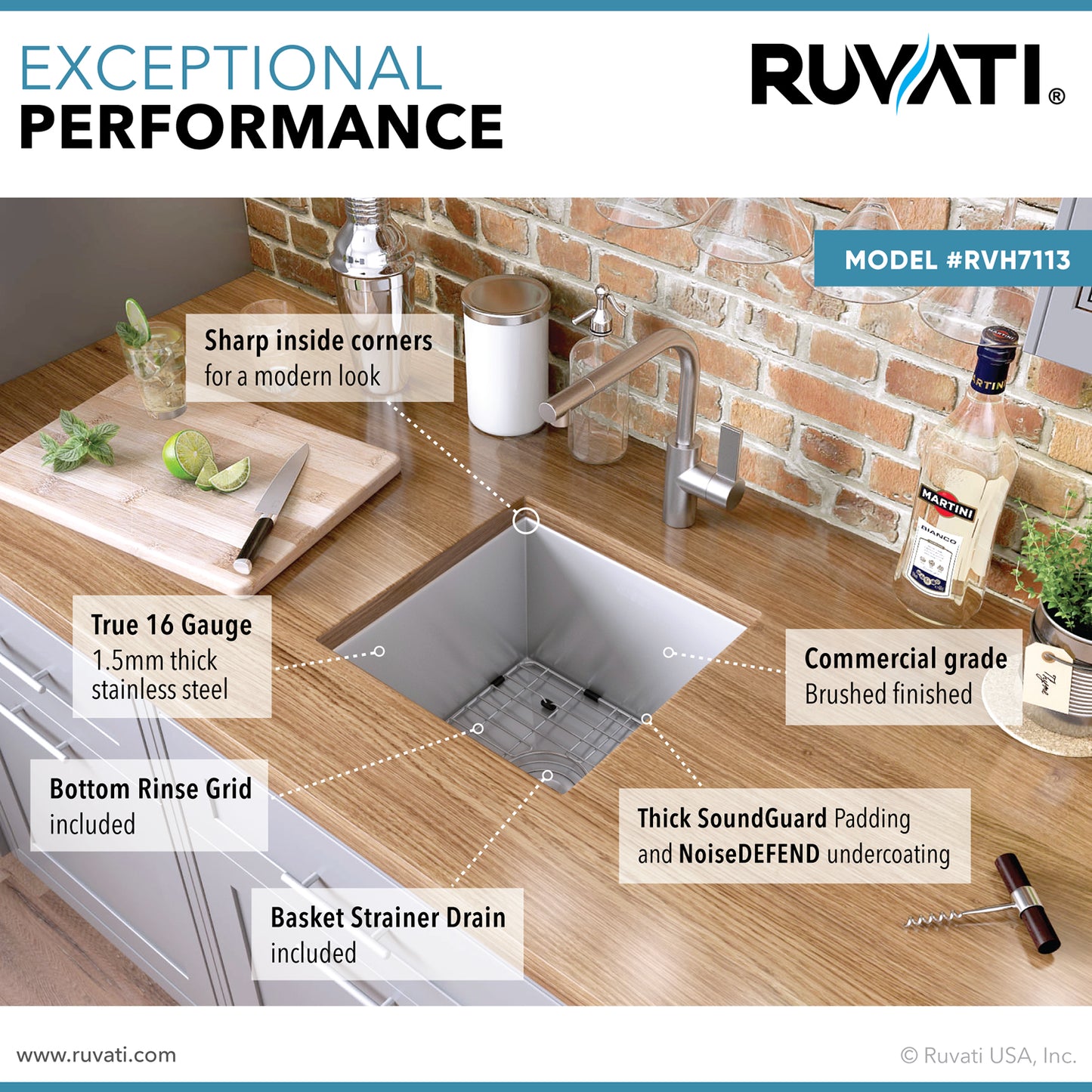 Ruvati 13 x 15 inch Undermount 16 Gauge Zero Radius Bar Prep Kitchen Sink Stainless Steel Single Bowl - RVH7113