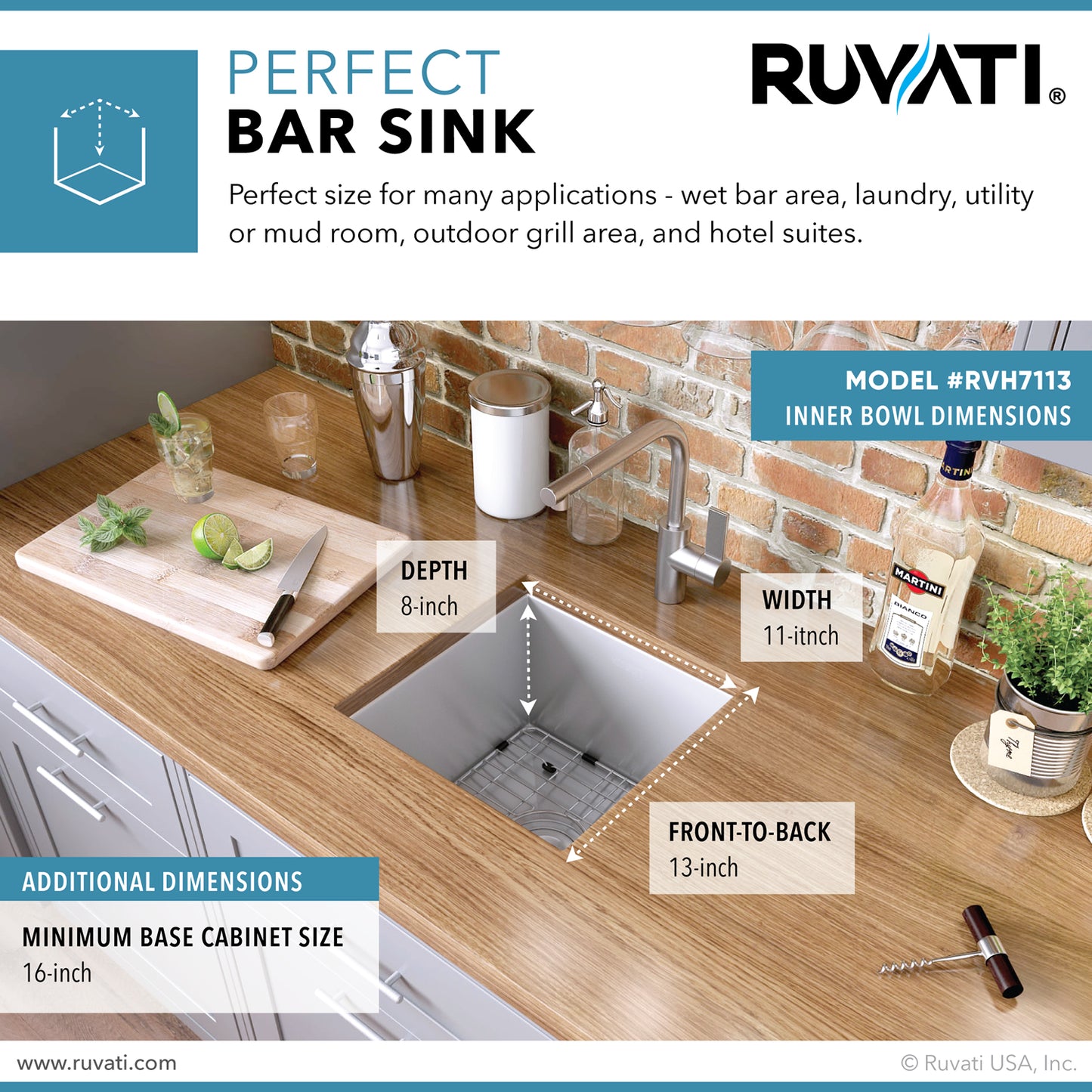 Ruvati 13 x 15 inch Undermount 16 Gauge Zero Radius Bar Prep Kitchen Sink Stainless Steel Single Bowl - RVH7113