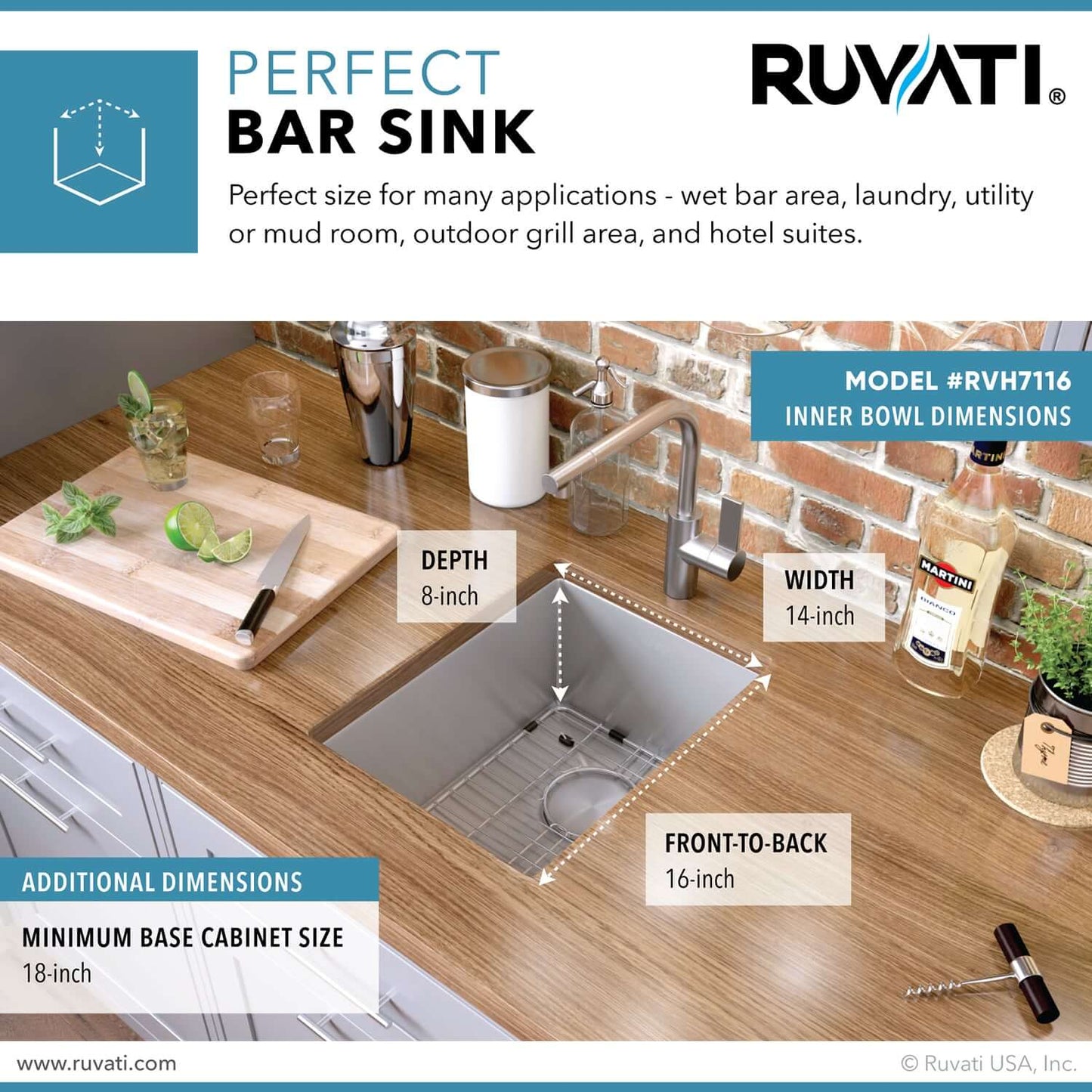 Ruvati 16 x 18 inch Undermount Bar Prep Kitchen Sink 16 Gauge Rounded Corners Stainless Steel Single Bowl - RVH7116