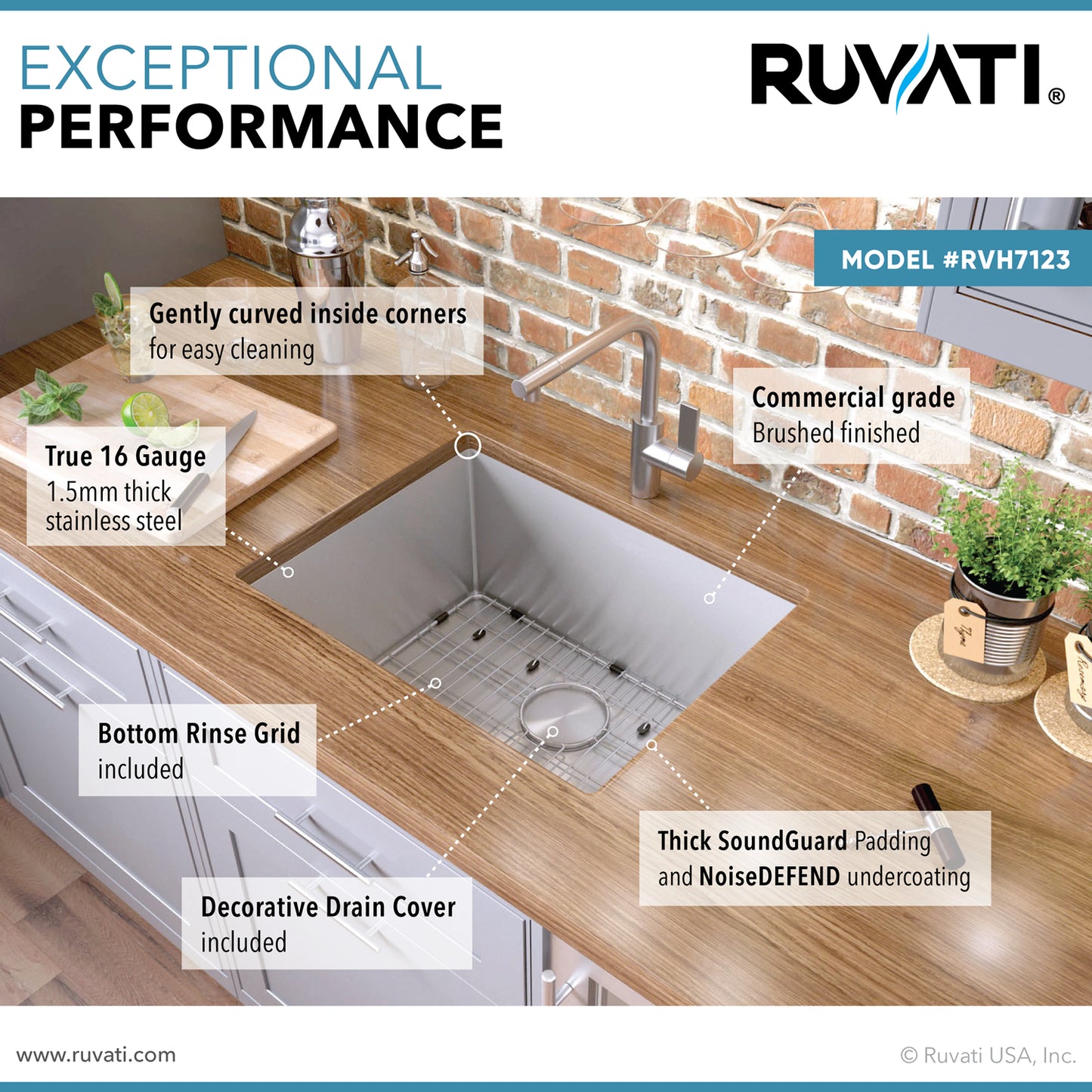 Ruvati 23-inch Undermount Stainless Steel Kitchen Sink 16 Gauge Rounded Corners Single Bowl - RVH7123