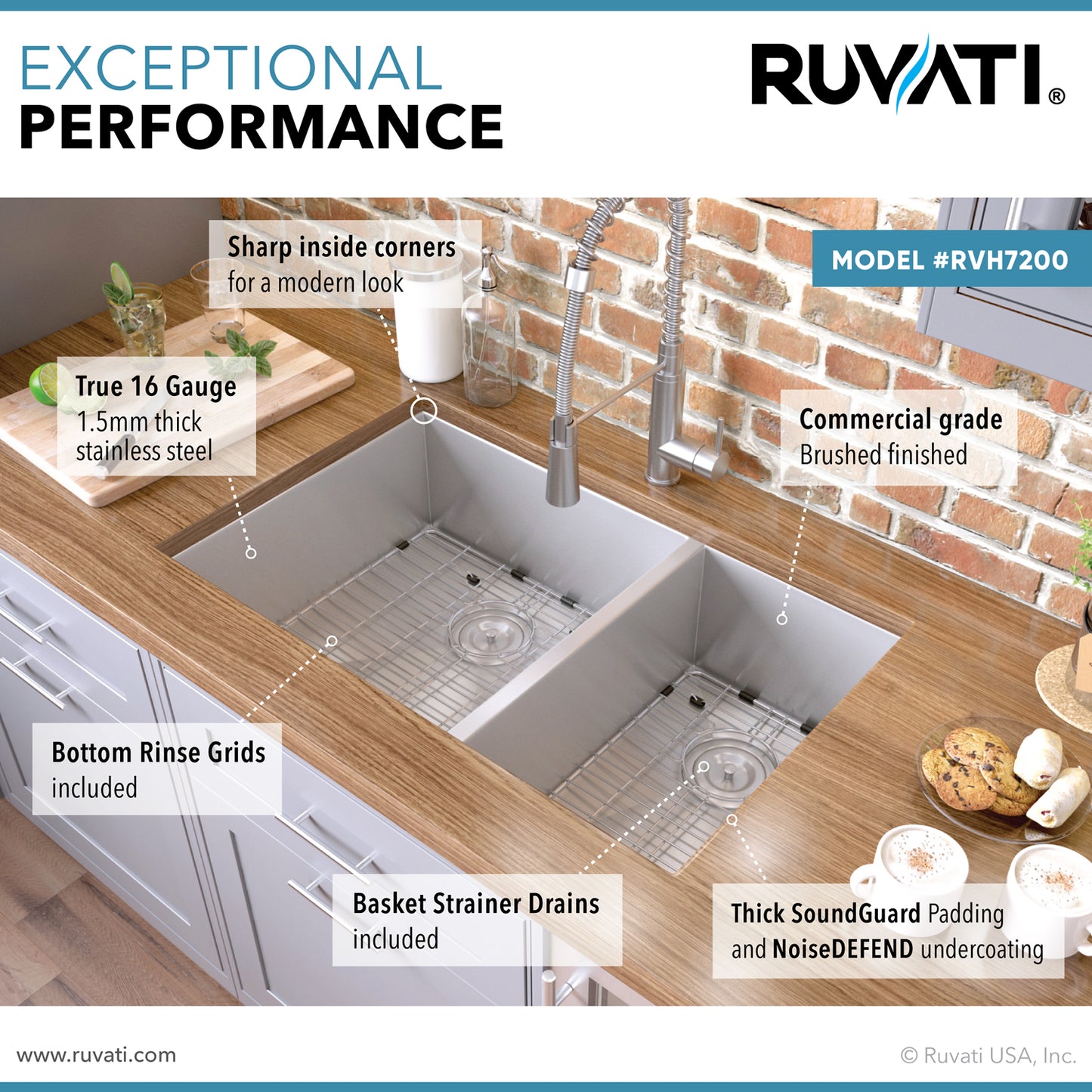 Ruvati 29-inch Undermount 60/40 Double Bowl Zero Radius 16 Gauge Stainless Steel Kitchen Sink - RVH7200