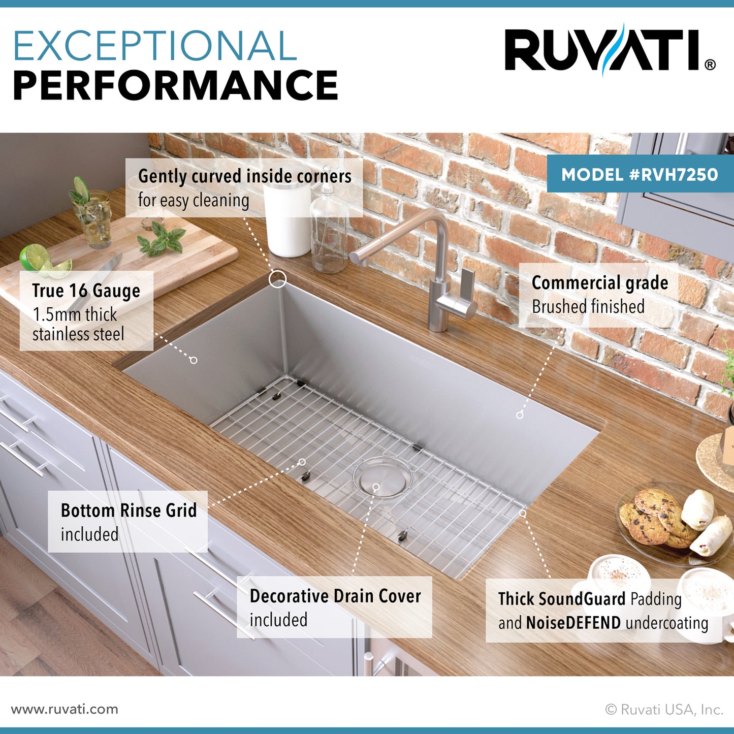 Ruvati 28-inch Undermount 16 Gauge Stainless Steel Kitchen Sink Rounded Corners Single Bowl - RVH7250