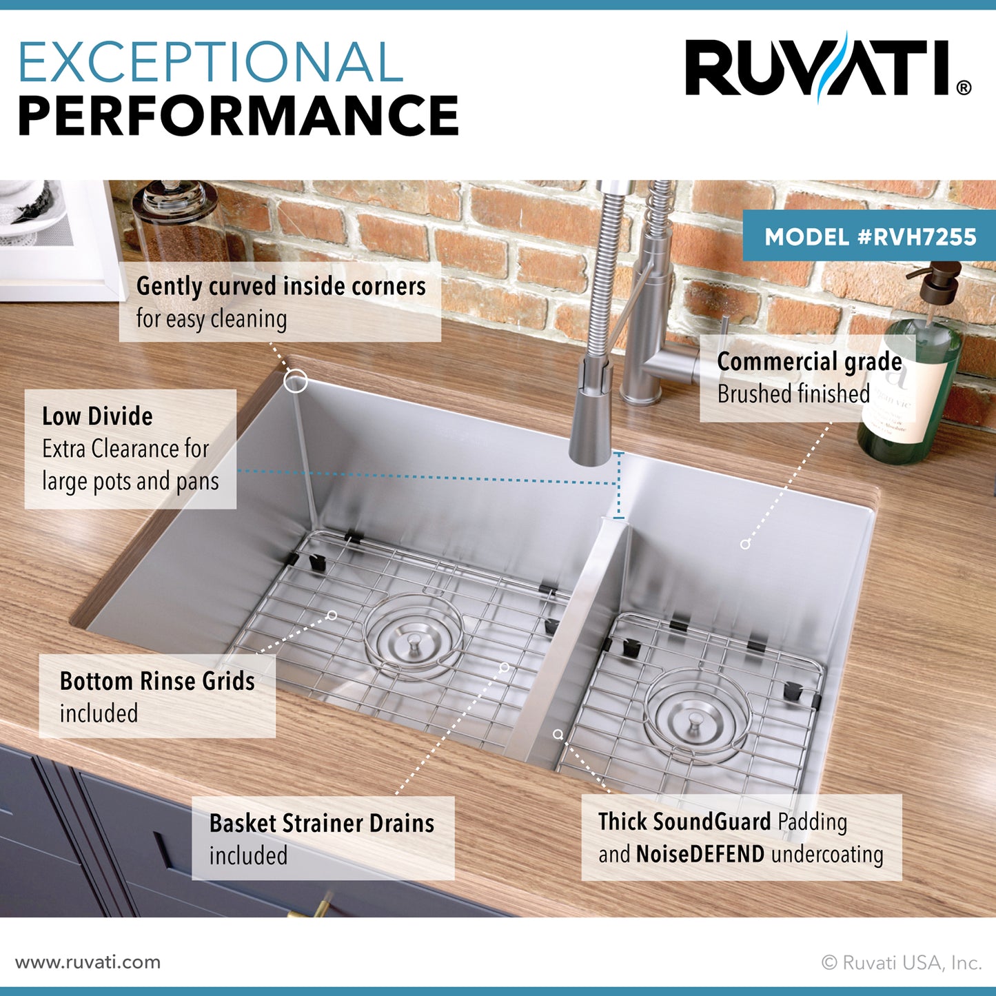 Ruvati 28-inch Low-Divide Undermount 60/40 Double Bowl Rounded Corners 16 Gauge Stainless Steel Kitchen Sink - RVH7255