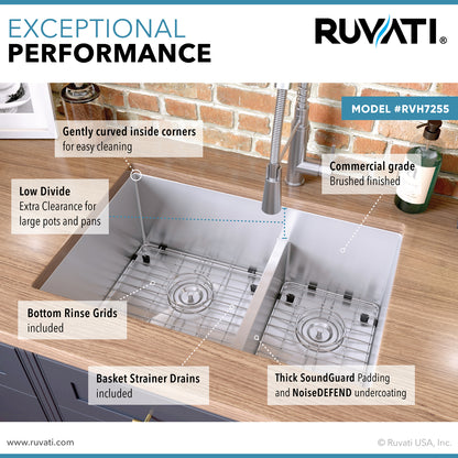 Ruvati 28-inch Low-Divide Undermount 60/40 Double Bowl Rounded Corners 16 Gauge Stainless Steel Kitchen Sink - RVH7255