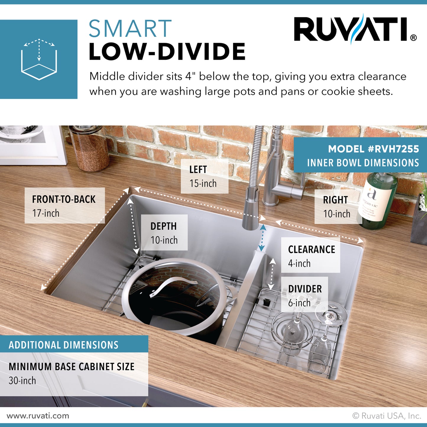 Ruvati 28-inch Low-Divide Undermount 60/40 Double Bowl Rounded Corners 16 Gauge Stainless Steel Kitchen Sink - RVH7255